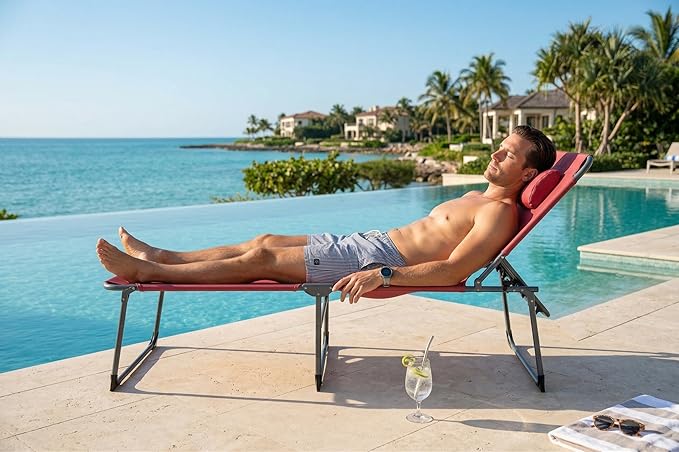 Tanning Chair with Face Hole Folding Beach Lounge Chair 5-Position Adjustable Backrest Face Down Chaise Lounge with Pillow and Side Pocket Portable for Poolside Patio Backyard Beach Red