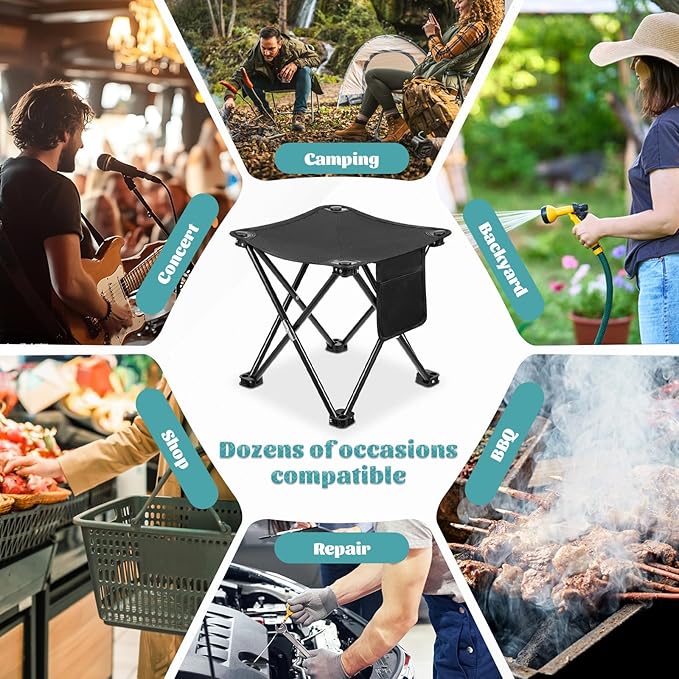 2 Pack Camping Stool 13 Inch Portable Folding Camp Stool with Side Pocket for Camping Fishing Hiking Gardening Outdoor Walking Foot Stools with Carry Bag Black