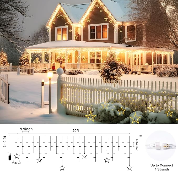Minetom Icicle Lights Outdoor with Star 20FT 200 LED Christmas Star Light with 24 Drops8 Modes Icicle String Lights with Timer Waterproof Christmas Light Outdoor Warm White