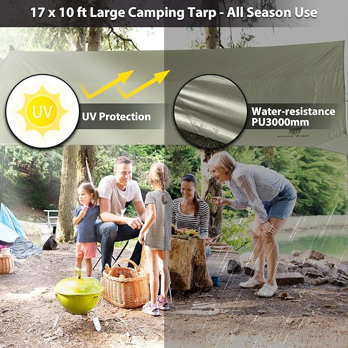 GEERTOP Portable Large 17 x 10 ft Waterproof Backpacking Tarp with10M LED String Lights Outdoor Emergency Tarp Kit for Camping