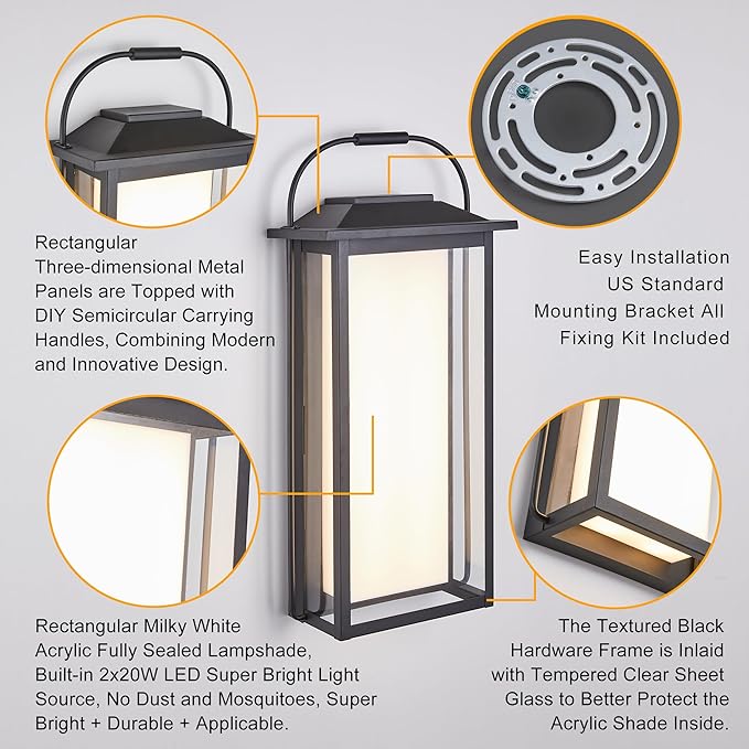 24 Ht Modern Oversized Outdoor Super Bright Wall Sconce with Built-in 2x20W LED Covered by Milky White Acrylic and Clear Glass Suitable for Big House Extra High Walls and Gates.