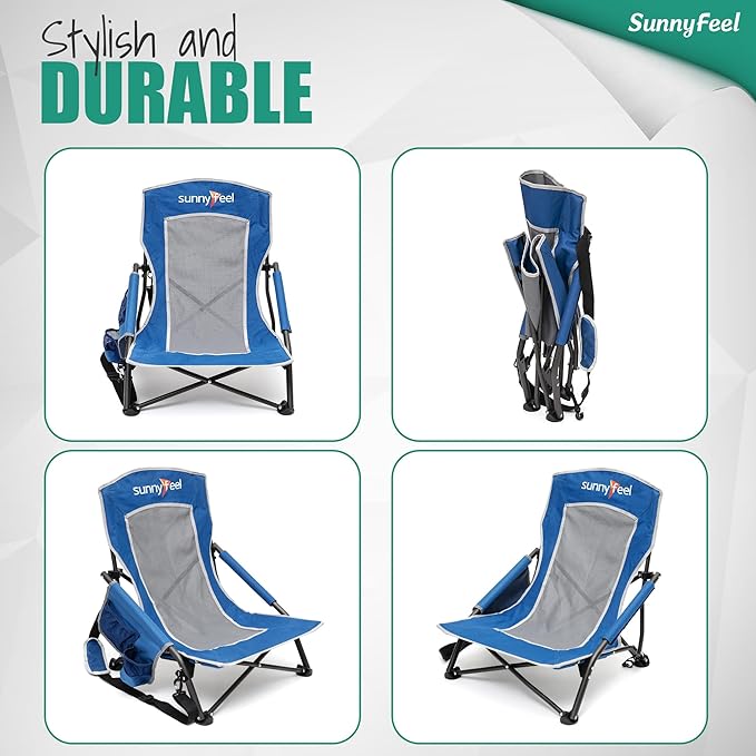 SUNNYFEEL Low Folding Beach Chair for Adults Portable Lightweight Sling Beach Camping Chairs with Cup Holder ArmrestFoldable Camp Lawn Chair for Outdoor Sand Concert Travel Sport Events300LBS