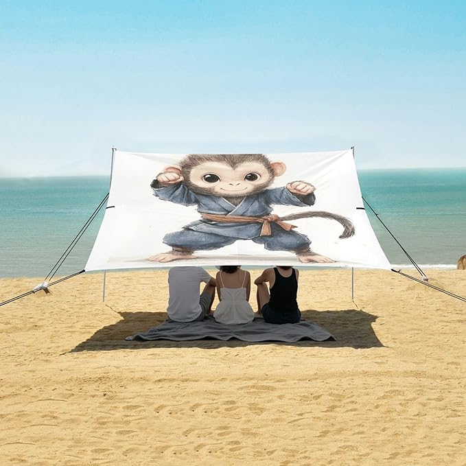 ALAZA Cute Kongfu Monkey Little Sun Wukong Beach Tent Sun Shelter UPF50+ Protection Beach Shade Canopy w/ 4 Sandbags for Outdoor Camping Fishing Backyard Fun Picnic 10x9 ft