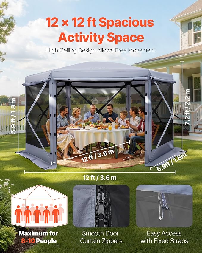 VEVOR Pop up Gazebo Screen Tent 12 x 12 ft Large 6-Sided Camping Canopy Tent with Removable Top &amp Carry Bag Quick-Set &amp Bite-Proof Screen House Sun Shelter for 8-10 Persons Backyard Patio