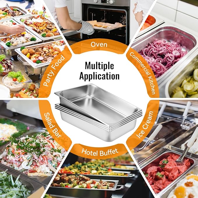 4 Pack Hotel Pans 1/1 Full Size 4’ Deep Steam Table Pan with Lid 21 L x 13 W Commercial Stainless Steel Pan Food Containers Catering Supplies Buffet Display