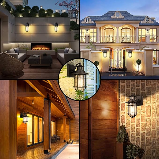 Motion Sensor Outdoor Wall Lantern Dusk to Dawn Waterproof Exterior Wall Sconce with Seeded Glass Black Wall Mount Light Fixture for Porch Doorway Garage E26 Socket Motion Activated