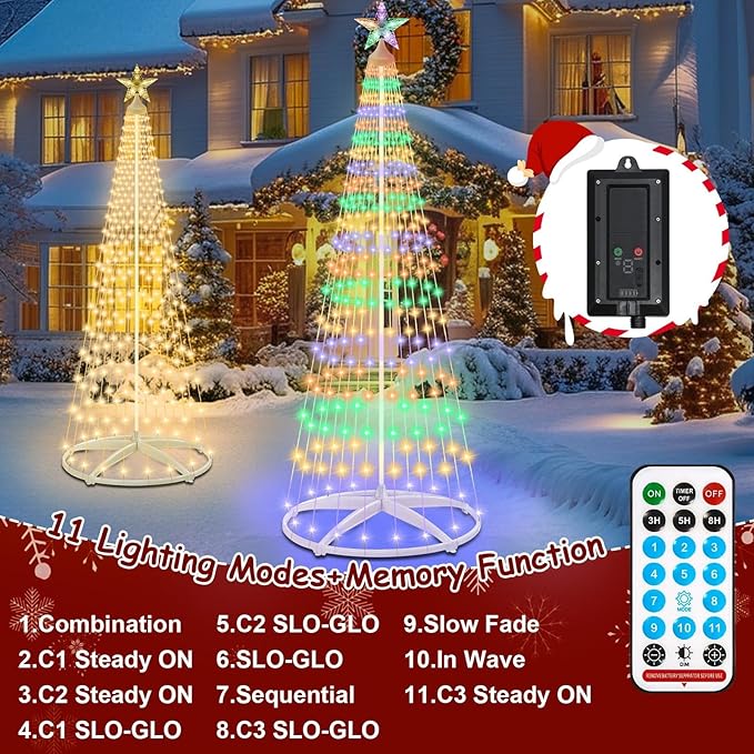 7.5Ft 312 LED Solar Christmas Cone Tree Lights with Star Topper Outdoor Christmas Tree with 11 Modes Timer Remote Dimmable Waterproof for Yard Holiday Christmas Decoration Warm White &amp Multico