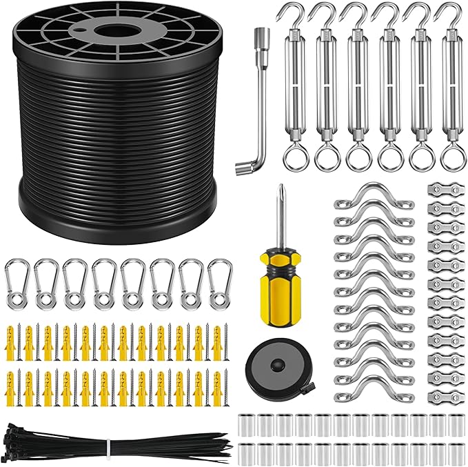 NEREUS String Light Hanging Kit with 250 Ft Vinyl Coated 304 Stainless Steel Cable String Light Suspension Kit Guide Wire with Turnbuckles and Hooks for Patio Backyard Lighting Accessories