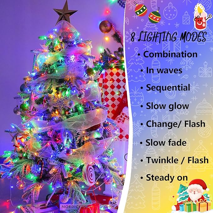 YEGUO 165ft 500 LED Christmas Lights Outdoor Waterproof Clear Wire String Lights Indoor Plug in 8 Modes Twinkle Tree Light Multicolor