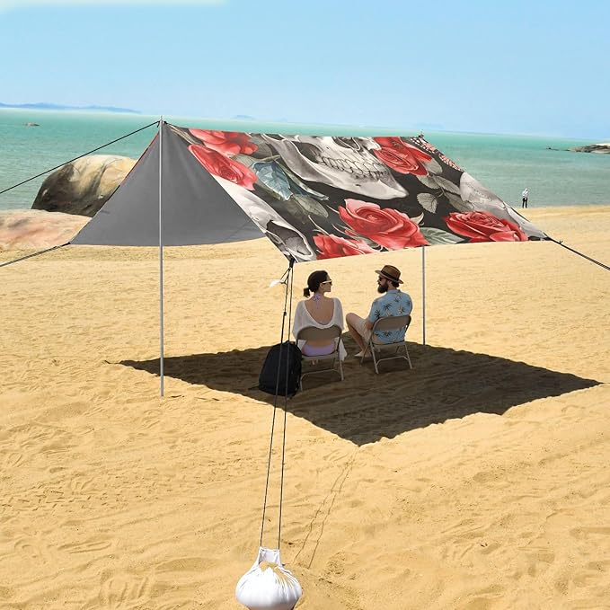 Beach Tent Sun Shelter Skull with Gorgeous Roses Lightweight &amp Easy Setup Beach Shade Canopy for Camping Fishing
