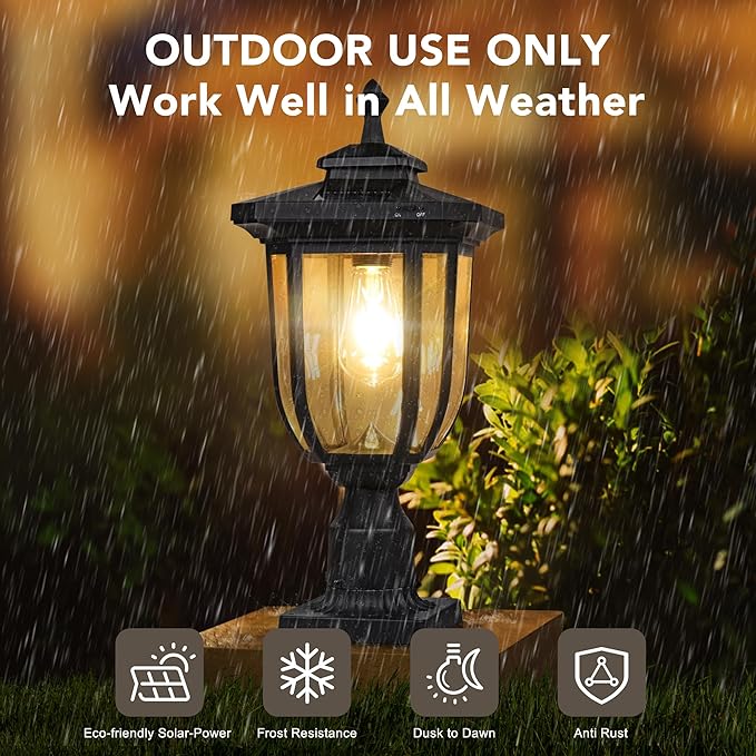 ST4322Q1 Solar Post Light Outdoor Waterproof Aluminum Solar Lamp Post Light 220LM Black for Lawn Yard Pathway Garden Entryways Driveway Balcony Post Decoration