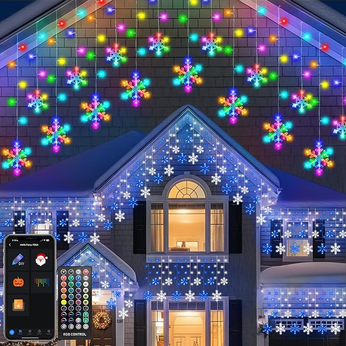 16FT Smart Icicle Lights with Snowflake for Outside App Control DIY Color Changing 16 Drops 208LEDs Outdoor Christmas Lights Plug In Window Curtain Light for Room Roofline Eaves Patio