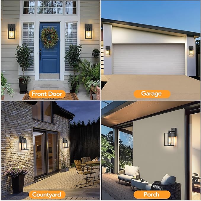 Motion Sensor Outdoor Wall Lights Dusk to Dawn Outdoor Porch Lights For House 2 Pack Exterior Lighting Fixtures with E26 Sockets Black Wall Mounted Waterproof Outside Lanterns For Garage Entryway
