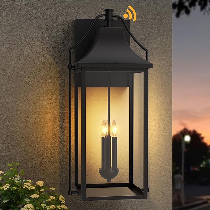 25-INCH Dusk to Dawn Outdoor Wall Light Large Size Waterproof Patio Lanterns 3-Light Exterior Wall Mount Lantern Sconce with Glass Black Wall Sconces for House Garage Front Door