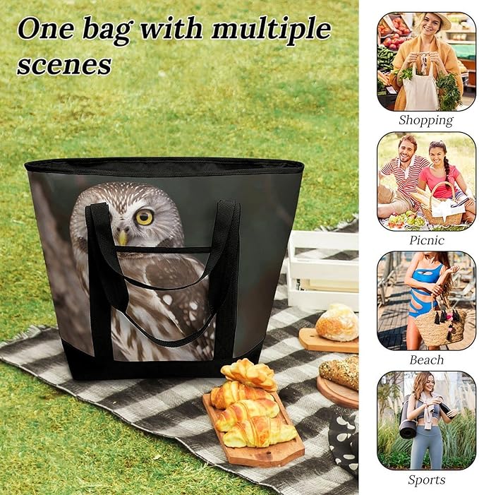 Insulated Shopping BagLarge Reusable Cooler Bags Wildlife Animal Owl Printed Foldable Shopping BagTravel Waterproof Shoulder Bag