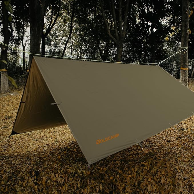 GOLDCAMP Waterproof Camping Tarp70D Nylon 10X13.2ft Hammock Rain Fly UV 50+ and PU15000mm Tent Tarp Shelter CanopyHeavy Duty Multifunctional Sun Shade Essentials for Hiking (120''X120'')