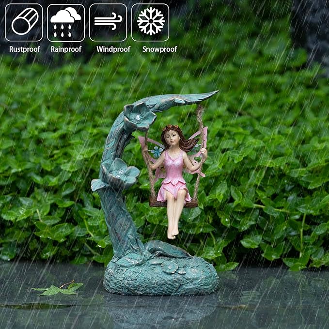 Garden Flower Fairy Outdoor Statue Decor Funny Swing Fairy Ornaments Figurines for Patio Lawn Yard Porch Outside Garden Gifts9.05 Inches Tall ﻿ ﻿ ﻿