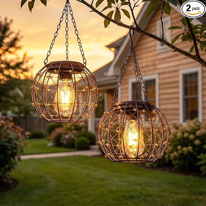 Hanging Solar Lanterns Solar Lights Outdoor Waterpoof Solar Chandelier with Warm White Led Bulb Beaded Copper Wire Ball Shade Patio Garden Decor Lights for Tree Yard Pathway Wall Eave Pergola-2Pack
