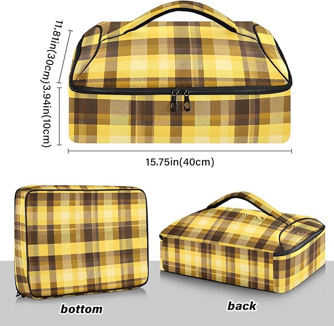 Casserole Carrier Yellow Brown Plaid Print Insulated Casserole Carrier for Hot or Cold Food Thermal Lunch Tote for Parties Picnic Travel Carry Bag