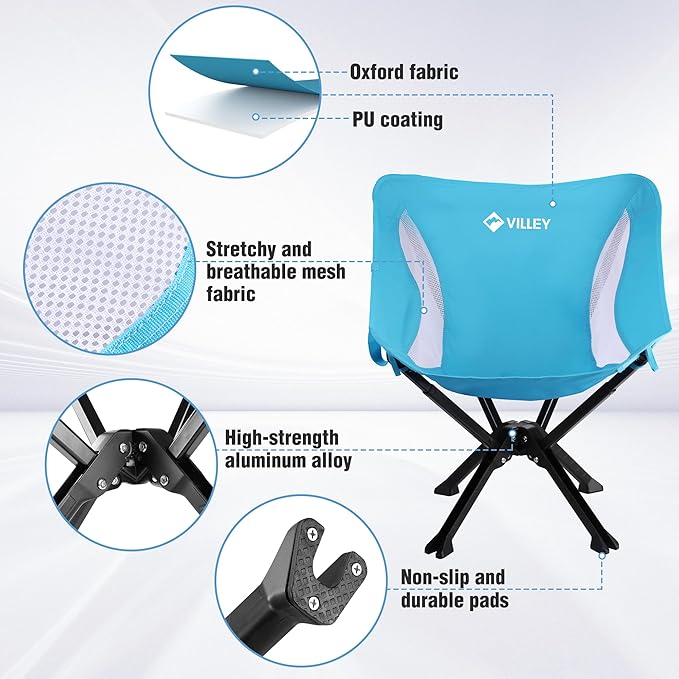 VILLEY Portable Folding Chair Lightweight Camping Chair No Assembly Needed Quick Setup for Beach Hiking Supports 330 LBS Blue