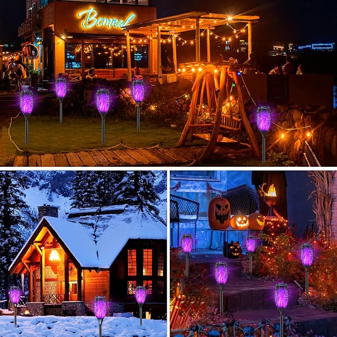 Halloween Decorations Outdoor 12 Pack Purple Solar Lights Outdoor Waterproof 12 LED Mini Tiki Torch Lights with Flickering Flame for Outside Landscape Garden Pathway Dusk to Dawn Auto On/Off