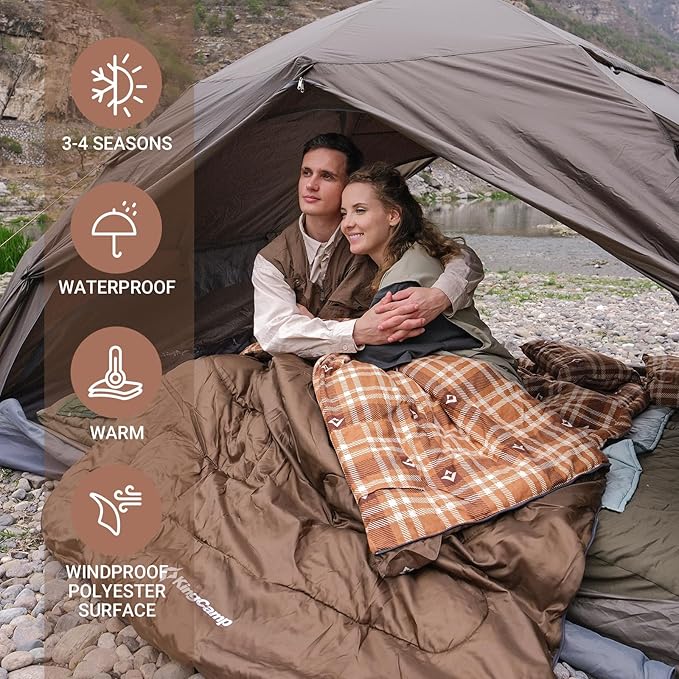 KingCamp Double Sleeping Bag for Adults Queen Size 2 Person XXL Flannel Sleeping Bag Waterproof Lightweight Flannel Quilt with 2 Pillows Perfect for Couples Family Camping Hiking