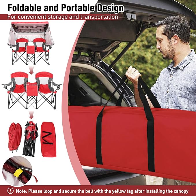 S AFSTAR Camping Chair with Canopy 2-Person Folding Beach Chair with Cup Holders 3-Side Shading Curtains &amp Cooler Bag Foldable Loveseat Lawn Chair for Camping Outdoor &amp Fishing (Red)