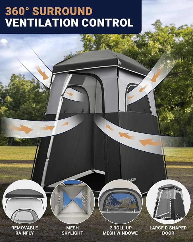 KingCamp Camping Shower Tent Portable Outdoor Privacy Toilet &amp Changing Tent Windproof &amp Waterproof Easy Setup 1 or 2 Room Shelter with Shower Bag for Camping Hiking Beach