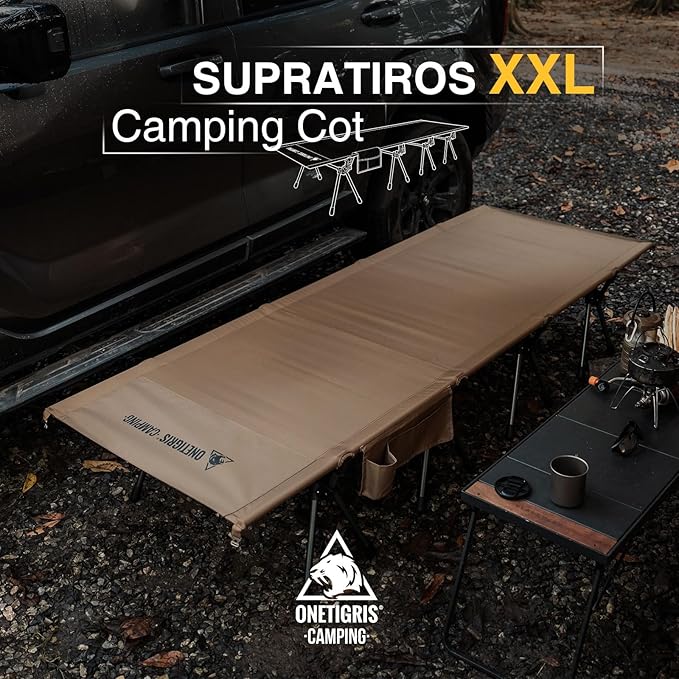 ONETIGRIS SUPRATIROS Extra Large Camping Cot Height Adjustable Oversized Sleeping Cot with Extending Legs for Camping Car Trips Truck Beach Office Nap Sturdy Supports Up to 400lbs