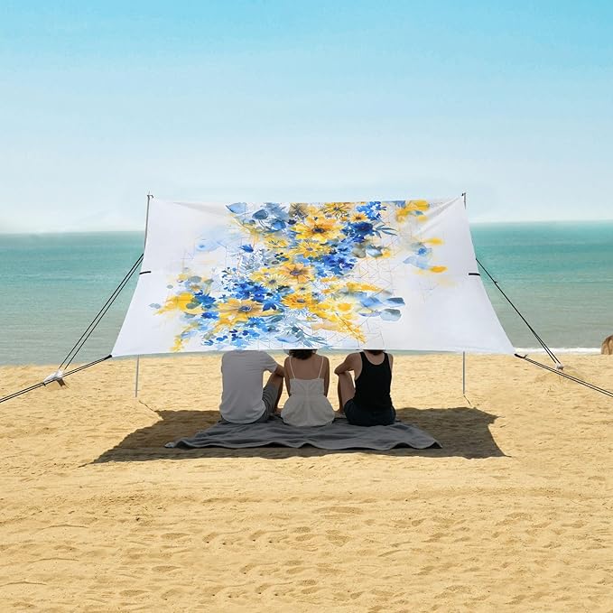 Camping Sun Shelters Yellow and Blue Flower Bouquet Beach Canopy 126 * 110.2in
