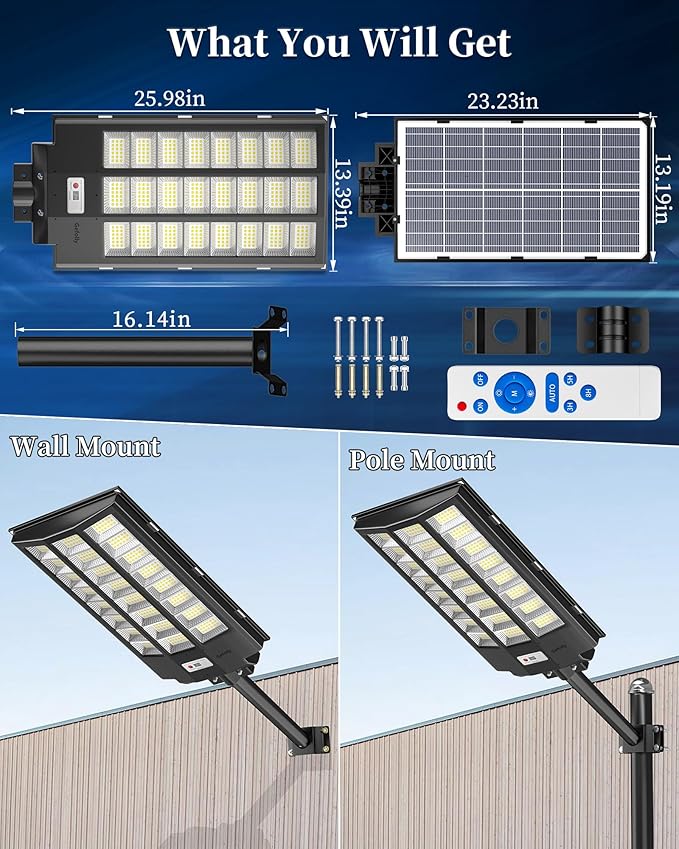 Gefolly SL-9600W Solar Street Light Outdoor Wide Angle Commercial Parking Lot Lights Dusk to Dawn 6500K Flood Security Light IP67 Lamp for Basketball Court Yard