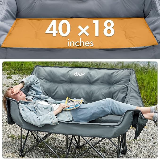Portal Double Camping Chair 2 Person Folding Loveseat for Adults Padded Cushion Camp Lawn Love Seat with Side Pocket Portable Couch Two Person Heavy Duty Wide Chairs with Cup Holder 600 lbs