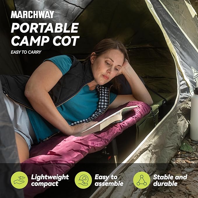 MARCHWAY Lightweight Folding Tent Camping Cot Bed with Lever Lock Easy Setup Portable Compact for Outdoor Travel Hunting Hiking Motorcycling Support 330Lbs (Army Green)