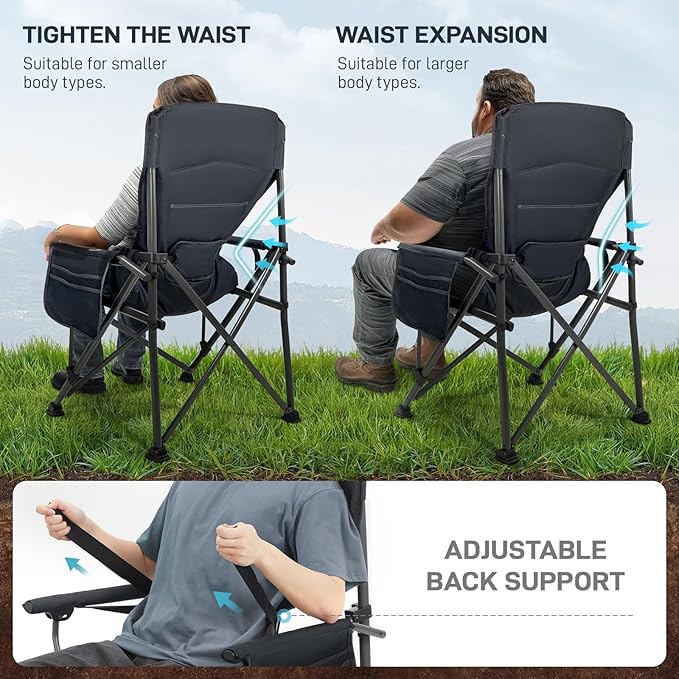 EVER ADVANCED Oversized Folding Camping Chair for Adults with Adjustable Lumbar Support Heavy Duty Chair with Side Pockets Portable Collapsible Quad Chair for Outside