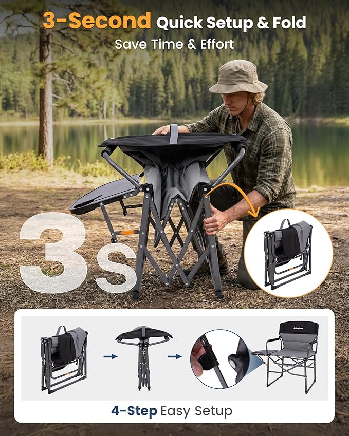 KingCamp Oversized Camping Directors Chair with Side Table Compact Design Heavy Duty 440lbs Folding Portable Padded Camp Chairs with Extra Wide Seat &amp Anti-Sag Fabric for Outdoor Fishing Sports