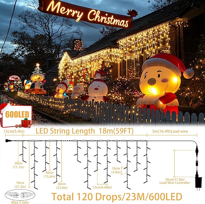 Icicle Lights Christmas Decorations 60+16Ft 600 LED Icicle Lights for Outside with Connectable Timer Memory Dimmable Plug in Twinkle Fairy Lights for Indoor House Roof Holiday Wedding Party