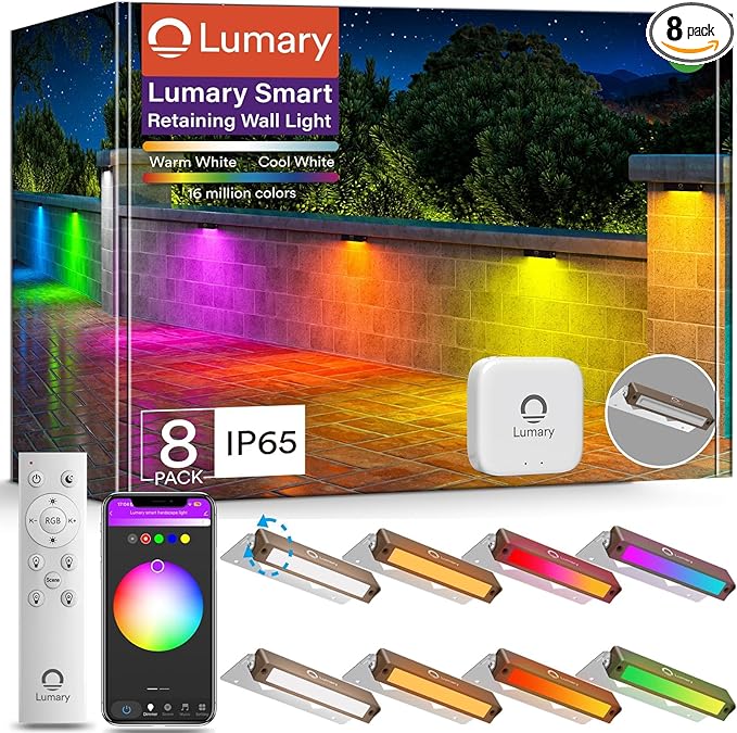 Lumary 8 Pack 12-24V Low Voltage Retaining Wall Lights with Hub 7 Inch Smart LED Hardscape Paver Lighting 2200K-6500K RGBCW Color Changing Outdoor Landscape for Step APP/Remote/Voice Control Brown
