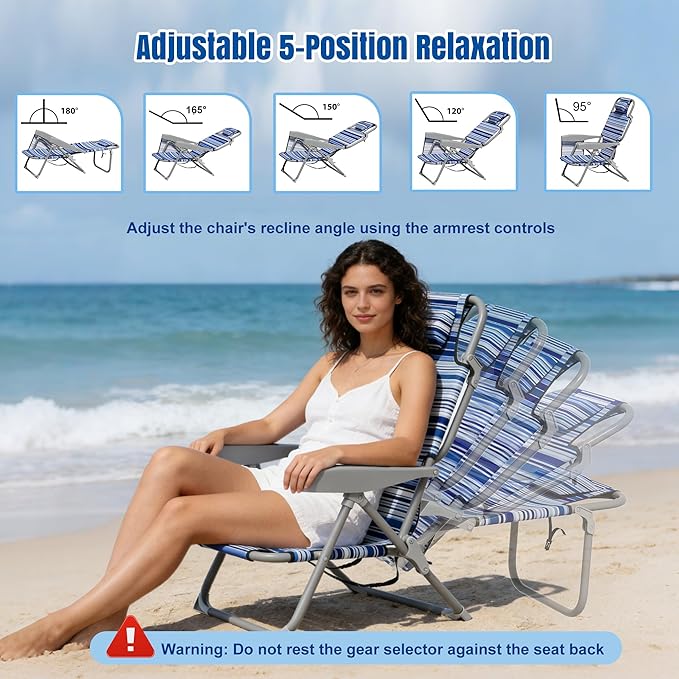 Lightweight Portable Beach Chair for Adults 350 LBS Capacity Backpack Beach Chair Reclining Beach Chair with 5-Position Lay Flat Large Cup Holder for Beach Camping Sports