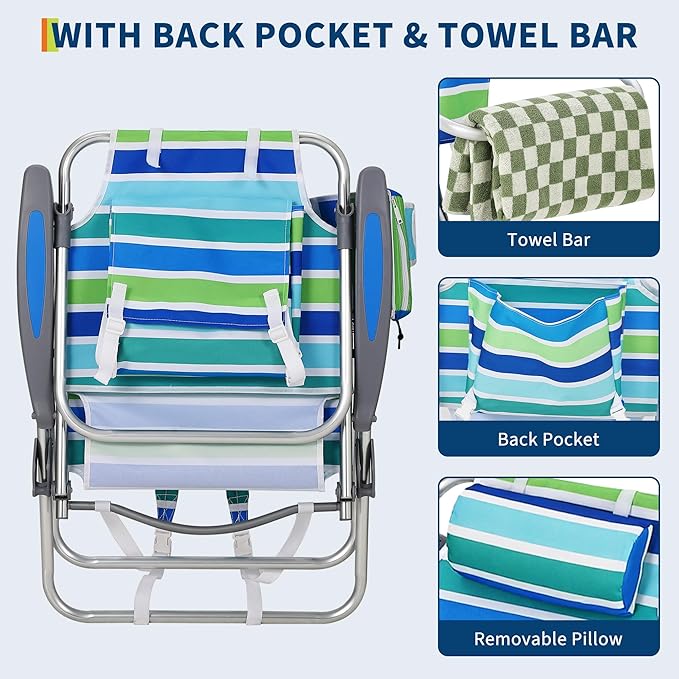 GarveeLife High Backpack Beach Chair for Adults 2 Pack Lightweight Portable Lay Flat Folding Beach Chair with 5 Positions Backpack Straps Phone Pocket Cup Holder Cooler Pouch &amp Towel Bar