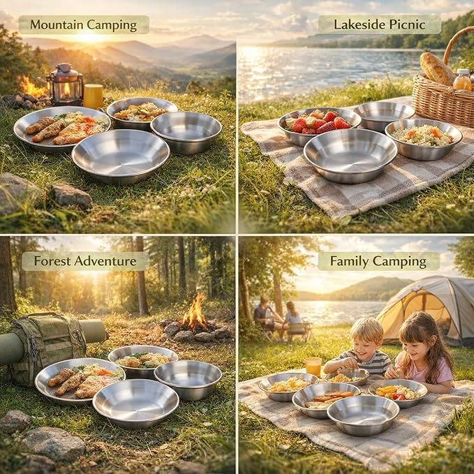 12pcs Camping Dinnerware Set Stainless Steel Plates Bowls Cutlery with Storage Bag - Durable &amp Reusable Outdoor Mess Kit for Hiking Picnic &amp Family Camping