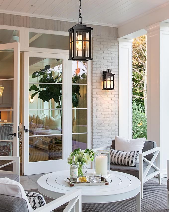 Black Dusk to Dawn Outdoor Pendant Light Modern Hanging Light Fixture with Tempered Glass Waterproof Exterior Ceiling Lights for Patio Porch House Anti-Rust Aluminum Adjustable Chain