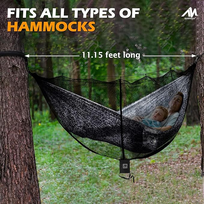 AYAMAYA Hammock Bug Net - 11.15ft Superfine Mosquito Net for Hammocksw/Double-Sided Zipper Lightweight Portable Hammock NettingFast and Easy Set Up Fits All Camping Hammocks