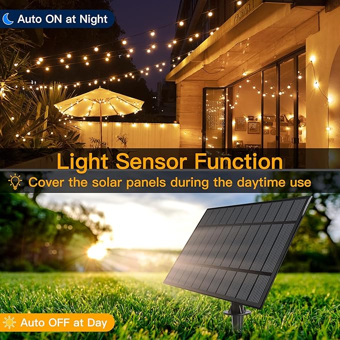 Ollny 60FT Solar Lights Outdoor Waterproof Remote Control Dimmable Timers 3Modes String Light with 25 LED + 2 Spare Shatterproof Bulb G40 Patio Lights for Outside Garden Yard Fence Porch