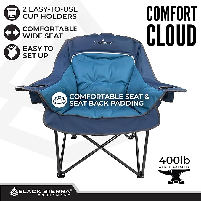 Black Sierra Oversized Camping Chair for Adults – 400 lb Heavy Duty Folding Chair with Cup Holders &amp Carry Bag