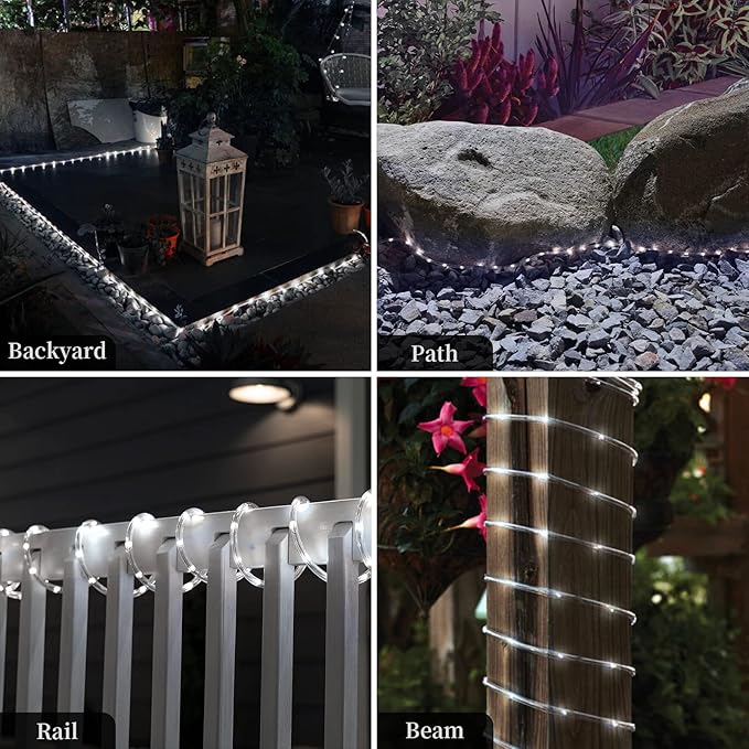 ANJAYLIA Solar Outdoor Rope Lights 66FT 200 LED Solar Powered Rope Lights Outdoor 8 Modes Timer Remote String Light Rope Solar Lights Outdoor Waterproof for Garden Decor White