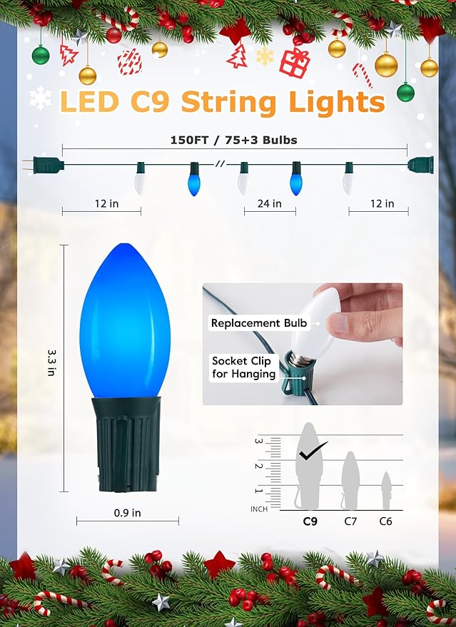 Vintage C9 LED Christmas Lights Outdoor 150 Feet C9 String Light with 75 Shatterproof C9 Bulbs Waterproof Connectable Christmas Tree Lights for Outside Roofline Patio Xmas Decor Blue &amp Pure Whi