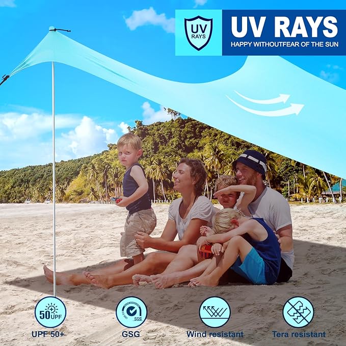 Beach Tent Sun Shelter UPF50+ Portable Beach Shade Canopy Windproof Beach Sun Shade with 2 Pole and 6 Sandbags for Family Vacation Beach Camping Fishing Picnics Park(7×7FT)