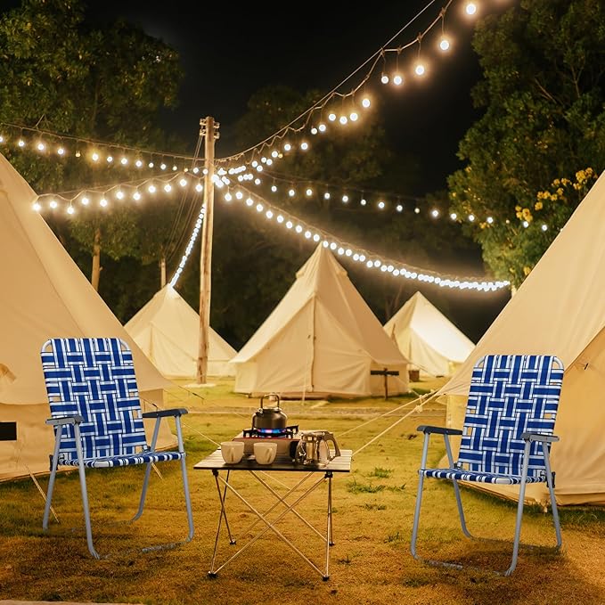 Webbed Lawn Chairs Folding Aluminum Set of 2 Patio Lawn Chairs  Folding Beach Chair Lightweight Aluminum Frames and UV-Resistant Webbing Camping Chairs Set for Yard GardenBlue &amp White Strip
