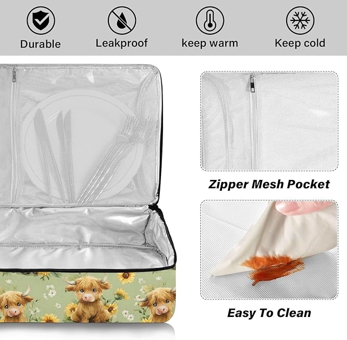 Casserole Carrier Watercolor Pattern Adorable Highland CowsInsulated Casserole Carrier for Hot or Cold Food Thermal Lunch Tote for Potluck Parties Picnic Fits 9 x 13 Inches Baking Dish