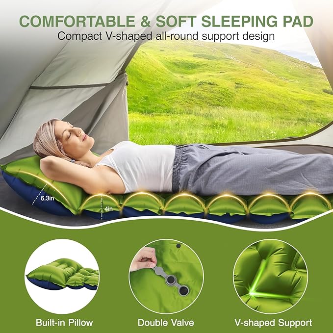 Camping Sleeping Pad Ultralight Camping Mat with Pillow Built-in Foot Pump 4 Thick Inflatable Sleeping Mat Compact for Backpacking Hiking Car Traveling Camp Tent